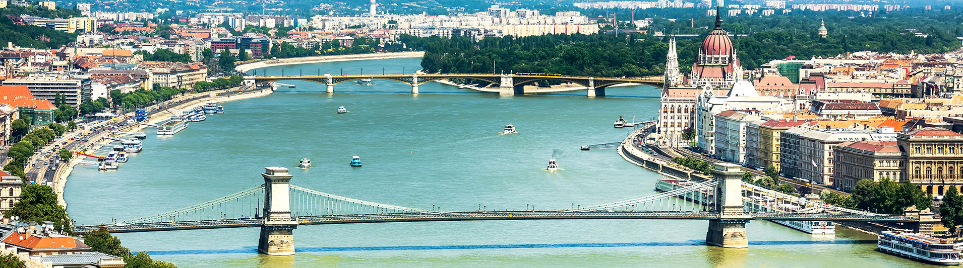 Aerial view of the Danube in Budapest with the Chain Bridge and Parliament